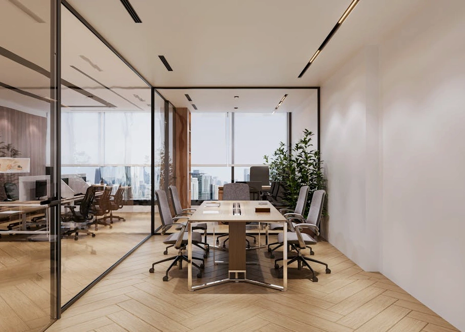Modern office interior with a team collaborating